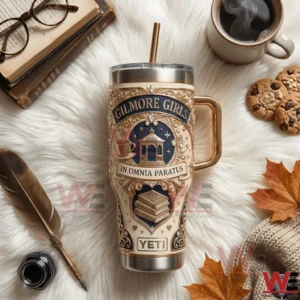 Gilmore Girls In Omnia Paratus Yeti 40oz Tumbler 4 A top down composition showing a Yeti tumbler with Gilmore Girls In Omnia Paratus artwork styled with reading and coffee themed items!