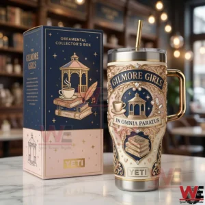 Gilmore Girls In Omnia Paratus Yeti 40oz Tumbler 5 A Yeti tumbler and display box featuring Gilmore Girls In Omnia Paratus artwork showcased in a welcoming cafe style setting!