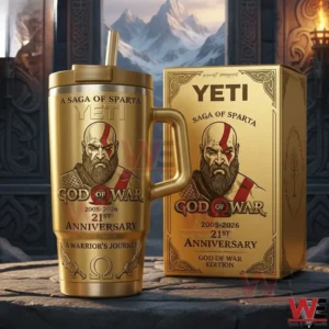 A God Of War insulated tumbler and anniversary presentation box displayed in a heroic and cinematic environment!