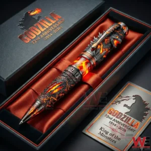 Godzilla themed anniversary collectible pen displayed in a dark presentation box with fiery lava design and sculpted monster details!