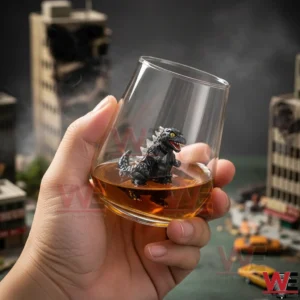 A human hand holding a transparent glass cup containing a small black monster figurine with a blurred city model in the background!