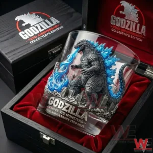 A detailed Godzilla themed whiskey glass with a sculpted monster city base and blue energy effects presented in a premium collectors box setting!