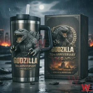 Dark stainless Godzilla tumbler with handle and straw showing a roaring Godzilla graphic and 70th anniversary text beside a matching collector edition gift box in a rainy night scene