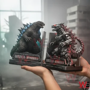 Godzilla vs Mechagodzilla Bookends 3 Godzilla and Mechagodzilla collectible bookends resting on human hands with detailed sculpting and dramatic opposing stances!