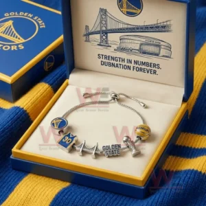 Silver adjustable charm bracelet in a blue and yellow gift box with Golden State Warriors theme and Strength in numbers Dubnation forever message.