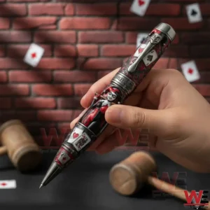 Harley Quinn themed pen held by a hand with a dark stylized background!