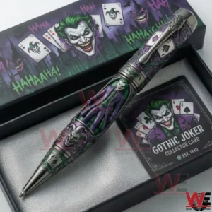 Gothic Joker collectible pen in a presentation box with purple green design playing card details and a matching collector card.