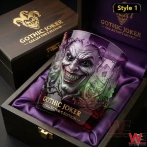 Gothic joker whiskey glass with intricate joker artwork placed inside a wooden collectors box with purple fabric lining!