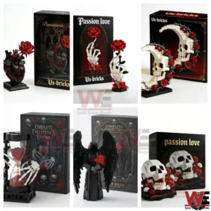 Collection of gothic style brick sculptures featuring love death symbolism roses skull elements and artistic display bases!