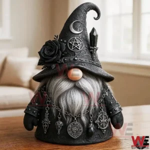 Gothic wizard gnome figurine with a black hat and gray beard sitting on a wooden table in a bright indoor room!