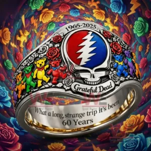Colorful Grateful Dead anniversary ring with a skull and lightning emblem plus roses and dancing bear figures and inner text marking 1965 to 2025 and 60 years!