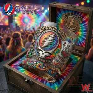 Grateful Dead anniversary whiskey glass in a wooden box with tie dye artwork and skull lightning symbol!