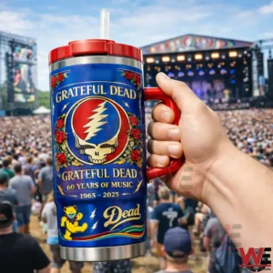 A hand holding a Yeti tumbler featuring Grateful Dead sixty years of music artwork at a crowded concert venue!
