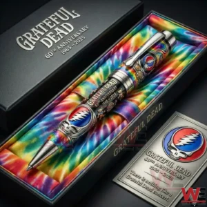 Grateful Dead sixty th anniversary collectible pen displayed in a presentation box with tie dye background and skull emblem design!