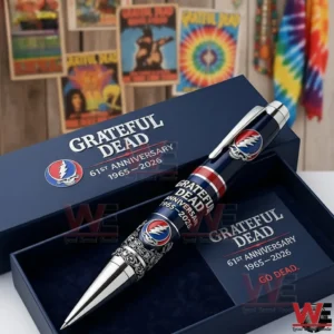 Grateful Dead commemorative pen in an open gift box with music posters and artistic backdrop!