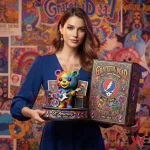 The image presents a person showcasing a Grateful Dead themed anniversary collectible with a rainbow bear figure instruments and a detailed display base!