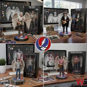 Angel winged guitarist figurine displayed on a wooden desk with computer screen art tools and reference photos!