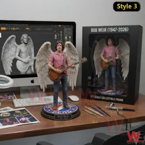 Multiple guitarist figurines with angel wings shown together on a work desk with digital art screens and tools!