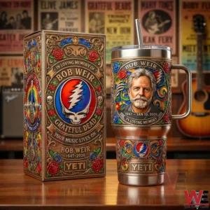 Bob Weir memorial insulated tumbler and decorative box with Grateful Dead inspired artwork displayed on a wooden surface!