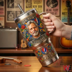 Hand holding a Bob Weir memorial insulated tumbler with detailed portrait and Grateful Dead inspired artwork!
