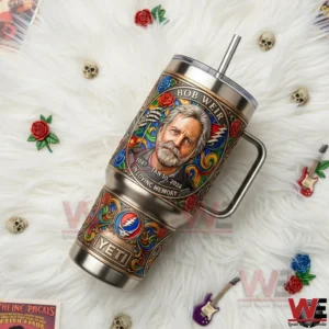 Bob Weir memorial insulated tumbler with artistic portrait and Grateful Dead inspired design placed on a white textured surface!