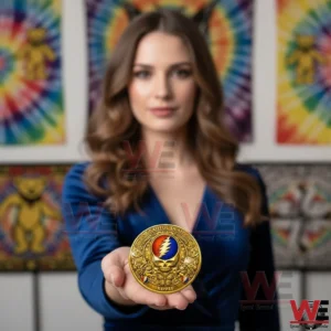 Woman holding a gold Grateful Dead Ripple commemorative coin!