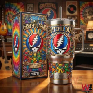 A Grateful Dead insulated tumbler and presentation box displayed on a table with colorful music themed decor!