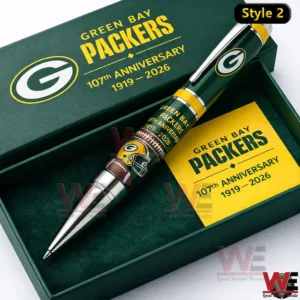 Green Bay Packers commemorative pen in an open green gift box with 107th Anniversary 1919 2026 text team logo and a matching yellow card!