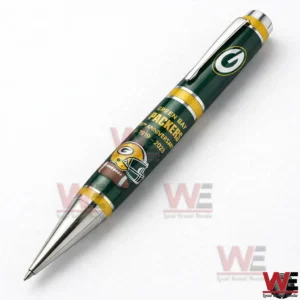 Green Bay Packers commemorative pen on a white background featuring green and gold colors team logo anniversary text and a football helmet graphic!