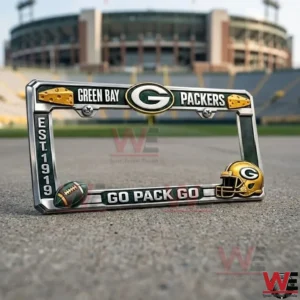 Football themed car license plate frame placed on the ground in front of a stadium with bold sporty details!