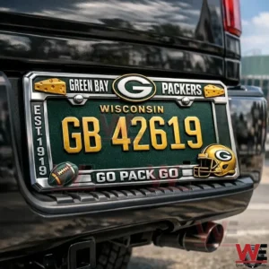 Car rear view featuring a football themed license plate frame with sporty design and fan focused details!