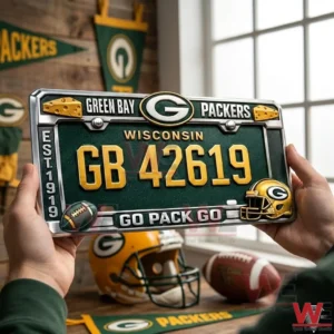 Hands holding a football themed car license plate frame inside a sports decorated room!