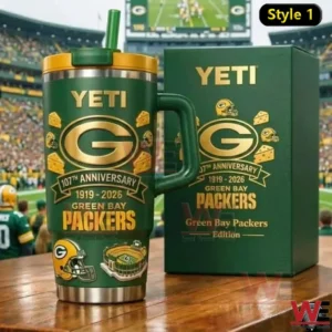 Green Bay Packers anniversary insulated tumbler with matching box inside a football stadium!