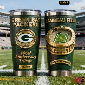 Two Green Bay Packers insulated tumblers with Lambeau Field and team emblem designs on the field!