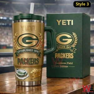 Gold Green Bay Packers insulated tumbler with Lambeau Field edition box!