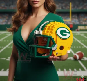 A close view of a woman wearing a green outfit holding a Green Bay Packers themed building block football helmet in a stadium setting!