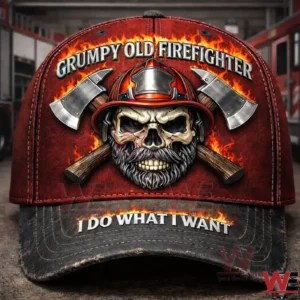 Firefighter themed baseball cap with a skull in a helmet and crossed axes surrounded by flames displayed in a dramatic and rugged style!