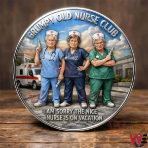 Round Grumpy Old Nurse Club coin with three nurses in scrubs and a hospital background displayed on a wooden surface!