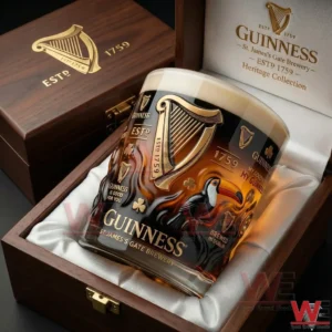 Guinness heritage whiskey glass displayed in a wooden gift box with classic branding and elegant details!