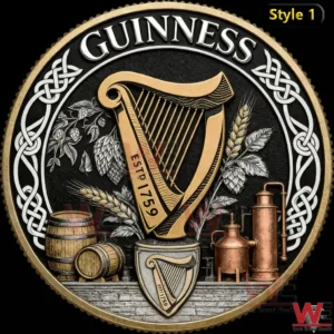 Guinness heritage coin with central harp ESTD 1759 Celtic border barley hops barrels and classic brewery tools in an ornate vintage style!