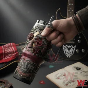 Hand holding a Guns N Roses insulated tumbler with handle and straw featuring crossed guns and red roses with a guitar bandana sketchbook and picks in the background!