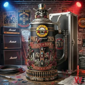 Guns N Roses themed rock beer stein with skull and rose design on stage!