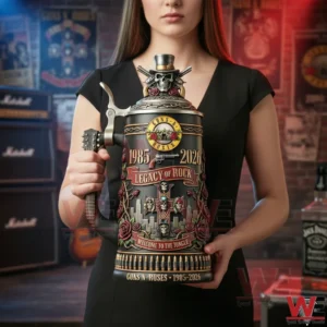 Woman holding Guns N Roses rock themed beer stein!