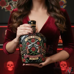 Guns N' Roses 40th Anniversary Heritage Crown Royal Bottle 3 A woman in a red outfit holding a Guns N Roses anniversary whiskey bottle with intricate rock themed design elements and atmospheric lighting!