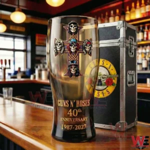 Commemorative Guns N Roses beer glass standing on a wooden bar counter in a music themed bar!