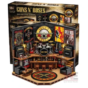 Collector edition Guns N Roses rock bar stage diorama with drum kit guitars amplifiers posters band logo bar counter stools skull decor lounge seating and branded packaging behind!