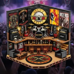 Guns N Roses rock bar stage diorama with drum kit guitars amplifiers large band emblem posters stocked bar stools skull decor couches coffee table and emblem rug with concert crowd background!