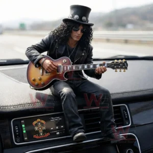 Miniature rock guitarist with top hat sunglasses and electric guitar sitting on a car dashboard inside a modern vehicle