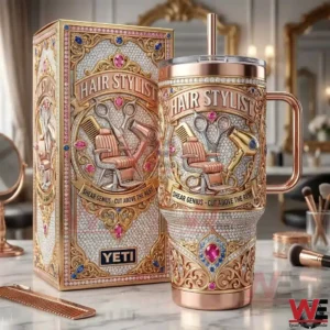 Luxury Yeti tumbler with hair stylist tools and ornate rose gold design on a vanity table!
