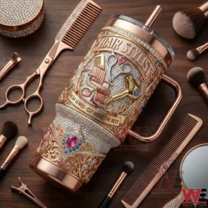 Hair stylist themed Yeti tumbler surrounded by combs scissors and beauty tools!